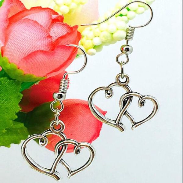 

2018 новый горячий продавать античное серебро двойное сердце подвески кулон серьги творческий женщины ювелирные изделия праздник подарок евр, Golden