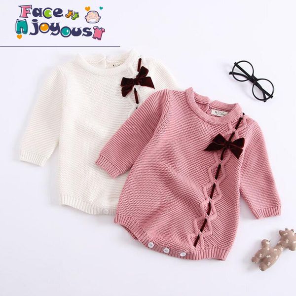 

2018 autumn winter baby girls rompers girl long-sleeve knitted overalls infant kids bow-knot princess clothes children clothes, Blue
