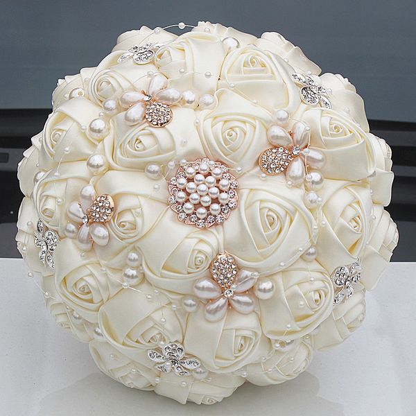 

18CM 18CM Beige Artificial Silk Flowers Bouquet Bride Bridesmaid Flowers Bridal Holding Flowers Rhinestones Brooches Wedding Bouquet