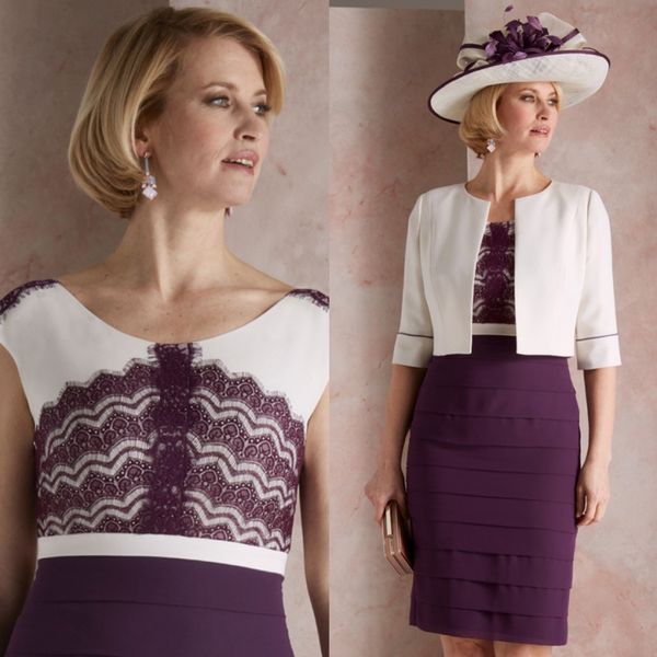 

purple sheath lace mother of the bride dresses bateau neck with jackets wedding guest dress satin knee length tiered evening gowns, Black;red