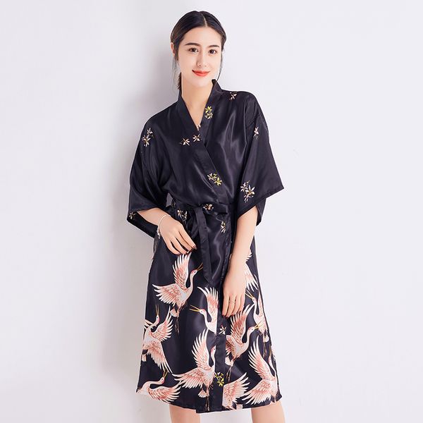 

black satin party home dress bridesmaid bride wedding robe female kimono robes bath gown with waistband rayon sleepwear, Black;red