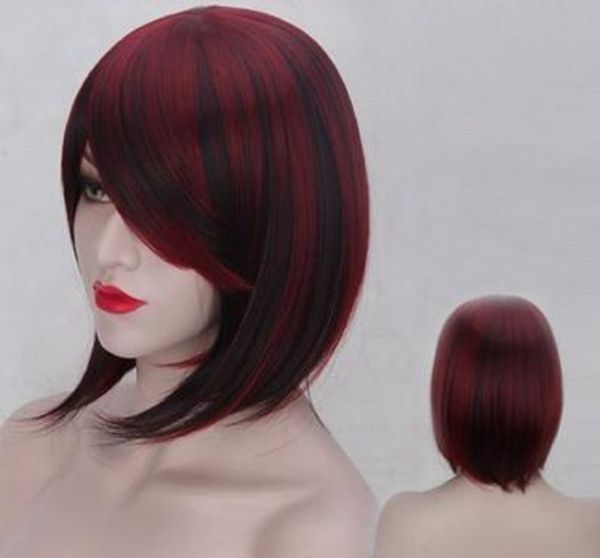 

cosplay wigs dark red short wavy women's synthetic wig hair, Black;brown