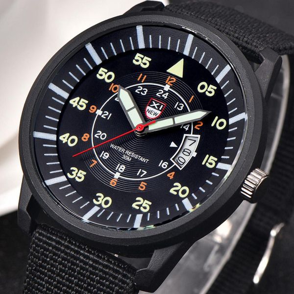 

fashion mens glow in the dark watch luminous sport date nylon band quartz wristwatches clock relogio masculino shellhard, Slivery;brown