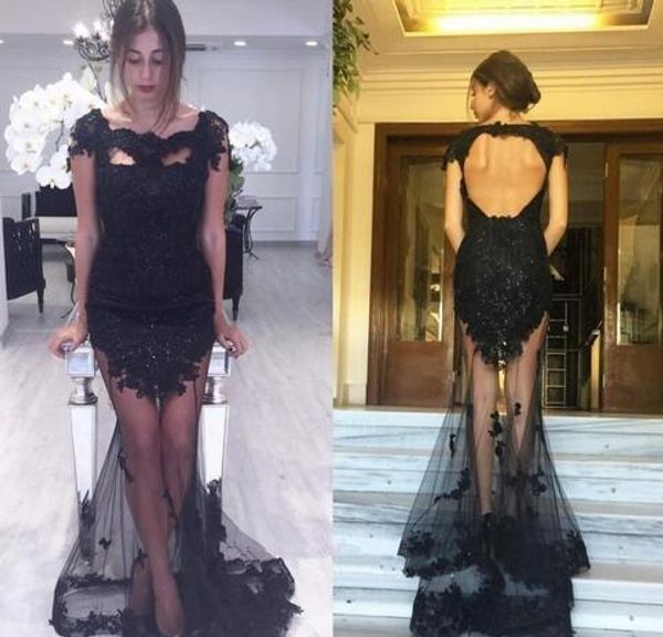 

black tulle mermaid evening dress backless lace applique short sleeve crystal beaded floor length formal long prom gowns