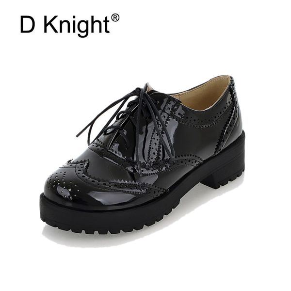 

new fashion round toe lace up women oxfords vintage carved brogue oxford shoes for women ladies casual flat shoes big size 34-43, Black