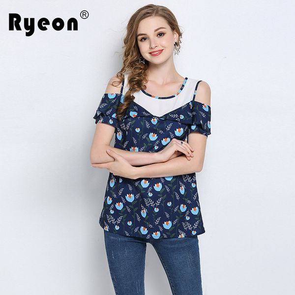 

ryeon plus size women blouse shirts summer beach off shoulder short sleeve print chiffon patchwork o neck big size 5xl women top, White