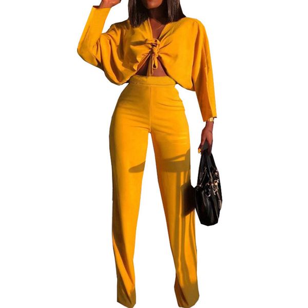 

Sexy Formal Two Piece Set Women Autumn Long Sleeve Bow Tie Loose Crop Top and High Waist Wide Leg Pants Outfits