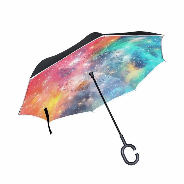 Acheter Coupe Vent Coloré Ciel étoilé Inverse Pliant Double Couche Parapluies Inversés Auto Support Pluie Soleil Protection C Crochet Pour Voiture De