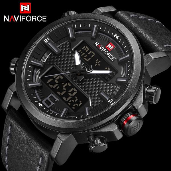 

naviforce men sports watches leather strap waterproof analog digital wristwatch mens dual display quartz clock relogio masculino, Slivery;brown