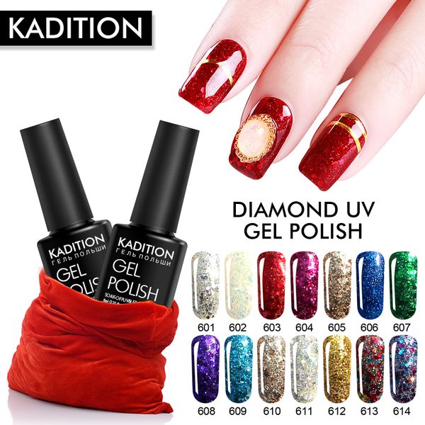 

kadition diamond glitter 8ml sequins 3d nail gel uv led gel lacquer shiny soak off polish gellak primer for nails varnish, Red;pink