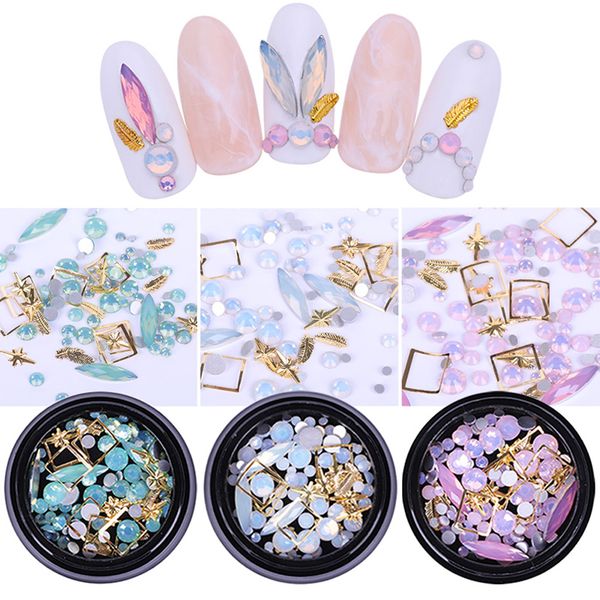 

opal nail rhinestone marquise flat back nail studs round beads gems mix sized 3d art decoration, Silver;gold