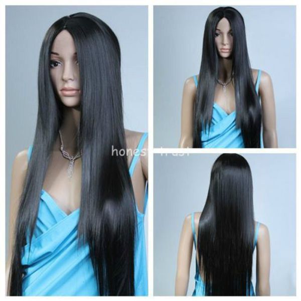 

cosplay 80cm women long straight black hair no bang heat resistant cosplay wig