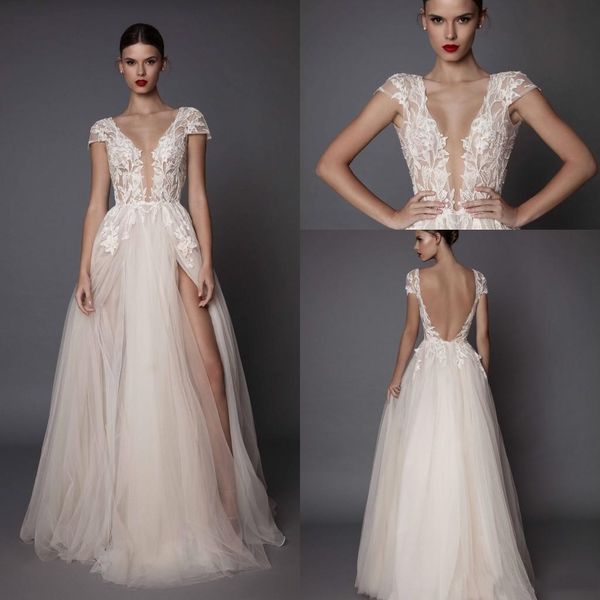 

new designer a line wedding dresses deep v neck tulle side split cap sleeve bridal beach open back berta wedding gowns, White