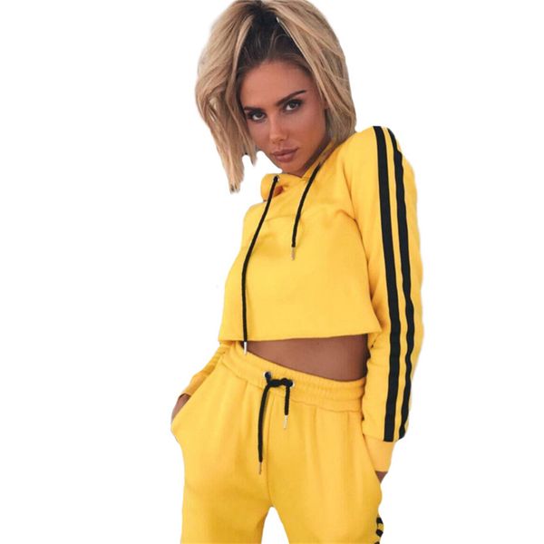 

women long sleeve tracksuit female yellow striped two piece set suits autumn winter hoodie cropped and pants, Gray