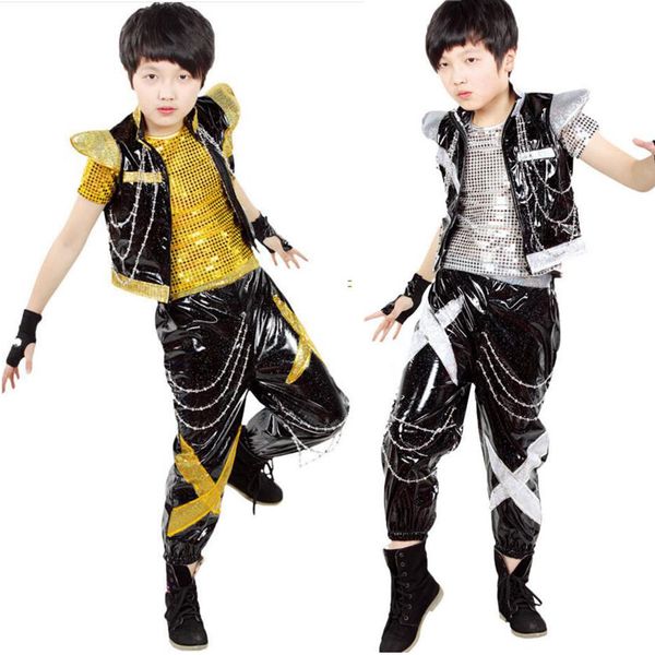 

children's silver short-sleeve clothes hip hop show costume suit boy jazz modern dance costume, Black;red