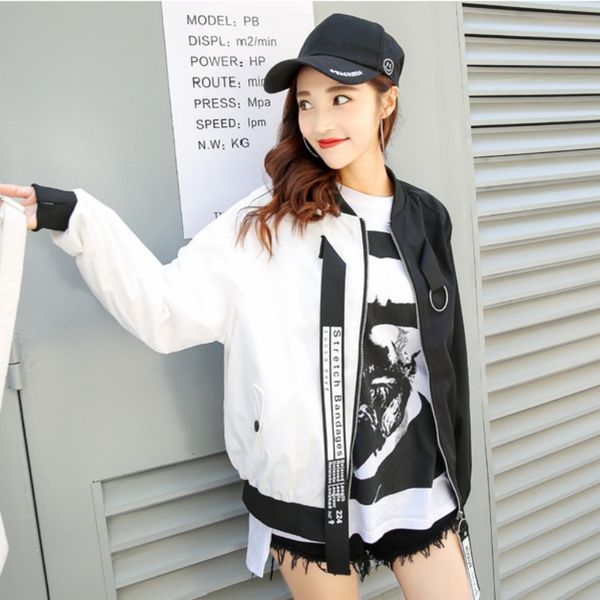 

2018 autumn winter loose bf harajuku matching baseball uniform women outerwear long sleeve zipper patchwork jacket female coat, Black;brown