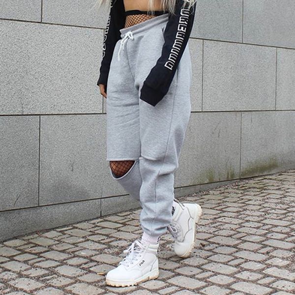 

women loose baggy trousers fashion 2017 autumn winter grey solid distress joggers sweatpants ripped hiphop dance pants plus size, Black;white