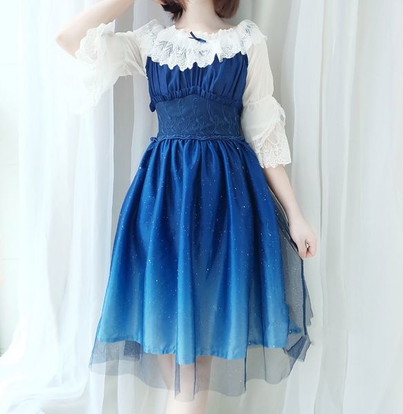 

summer starry sky star city bronzing gradient blue black dress jsk sling dresses high waist with, Black;red