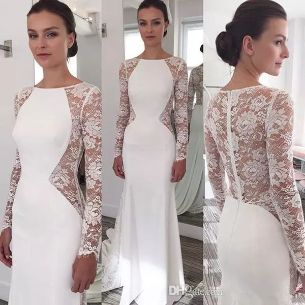 

lace appliques mermaid wedding dresses long sleeve illusion bodice scoop neckline satin bridal gowns for wedding, White