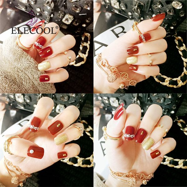 

elecool red gold short fake nails 24pcs nail tips nail art false nails tips patch acrylic faux ongles couleur glue on false