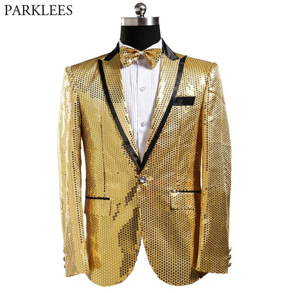

shiny gold sequins blazer jacket men 2018 new nightclub prom one button suit blazer men party stage singer blazers costume homme, White;black
