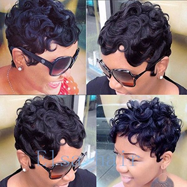 

human hair wig with bang full machine made curly for women short curl pixie cut brazilian none lace 150% density capless wig natural black, Black;brown