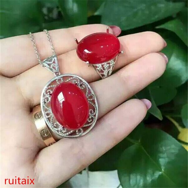 

kjjeaxcmy boutique jewels 925 pure silver inlay natural red jade medulla ring + pendant 2 pieces set with drill-drip plant sunfl, Black