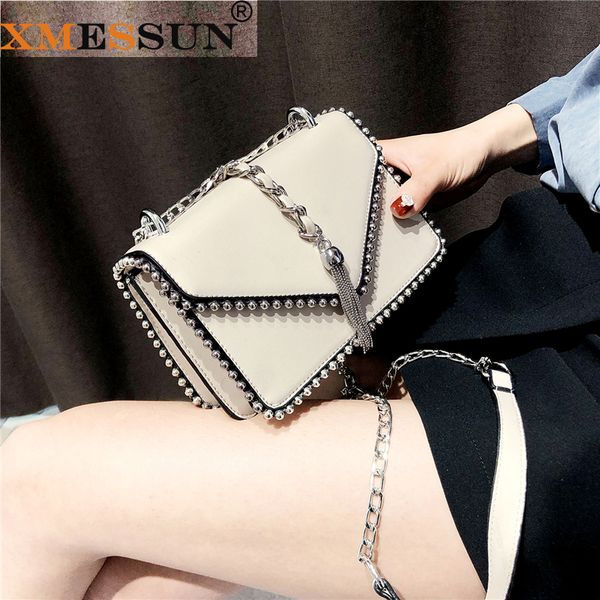 

xmessun british fashion small square bag women designer handbag leather rivet tassel chain shoulder messenger bag dropship f110