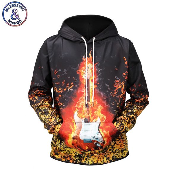 

mr.1991inc brand men autumn winter clothing 3d print fire guitar fashion hoodies funny hooded sweatshirt pullovers eu size xxxl, Black