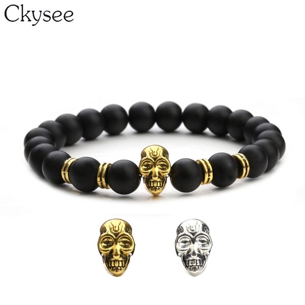 

ckysee natural stone black matte beads stretch mens bracelets 2018 antique silver/gold color skull charm bracelet pulsera hombre