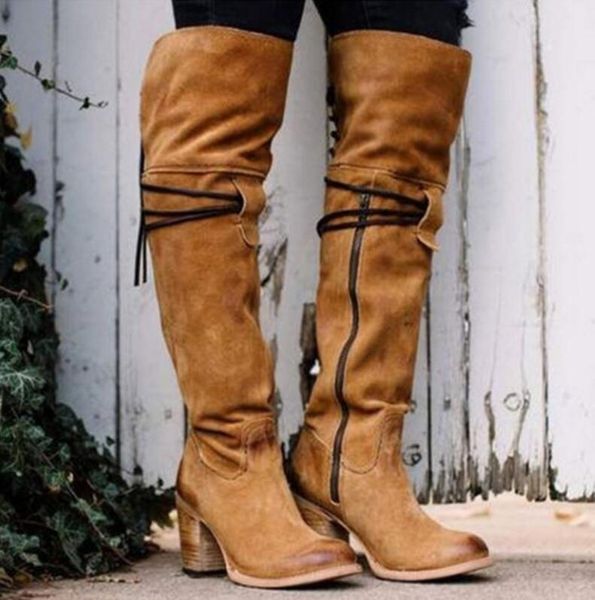 

nausk mujer winter women shoes over the knee long boots lace up high heels vintage thigh high boots ladies chaussures femme, Black
