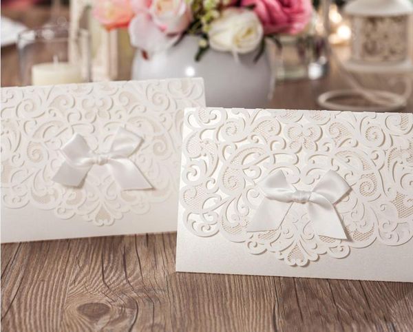

Lace Wedding Invitations 2018 Ribbon Party Invitation White Convite De Casamento Free Personalized Printing Wedding Card Accessory