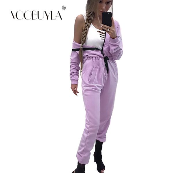 

voobuyla women one-piece running suit sportswear zipper hooded long sleeve fitness yoga set lady workout sports jogging suits xl, Black;blue