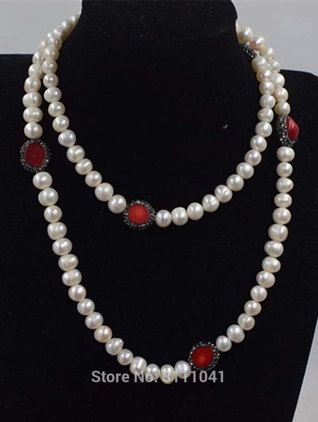 

freshwater pearl white near round 8-9mm and red coral baroque flat necklace 32inch fppj wholesale beads nature, Silver