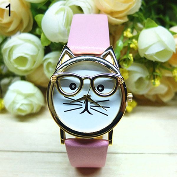 

women's men's cute glasses cat case faux leather analog quartz bracelet wrist watch sale, Slivery;brown