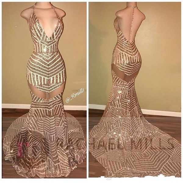 

2019 new halter sequined mermaid long prom dresses with v neck backless evening gowns long formal party dresses 468, Black