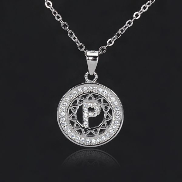 

fashion round shaped jewelry silver crystal blinding letter p necklace women alphabet 26 letters e pendant necklaces