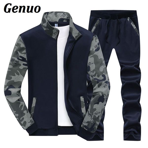

genuo spring men two piece set tracksuit men patchwork sweatshirts and pant outwear stand collar hoodies male sportwear sets, Gray