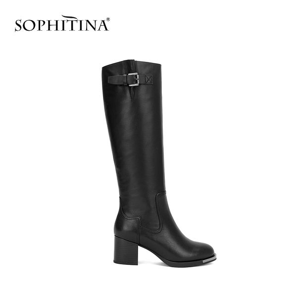 

sophitina 2018 knee-high woman boots cow leather elegant round toe square high heel short plush warm winter lady boots ba19, Black
