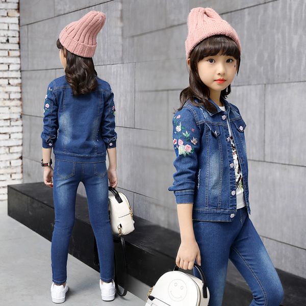 

girls denim clothing set autumn spring jean jacket+denim pants jeans 2pcs floral embroidery girl denim suit, White