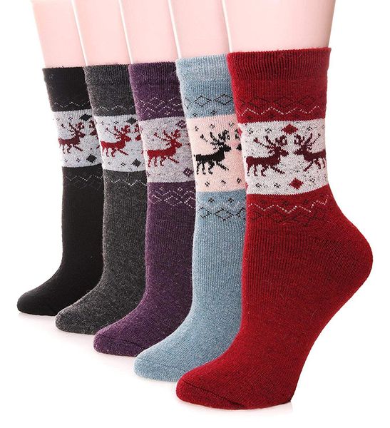 

5 pack/set womens wool socks thick heavy thermal winter warm fuzzy cute crew socks for cold weather, Black;white