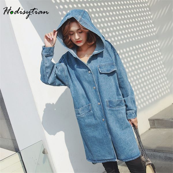

hodisytian women long denim trench coat autumn jeans windbreaker casual outerwear cardigan korea style female trench plus size, Tan;black