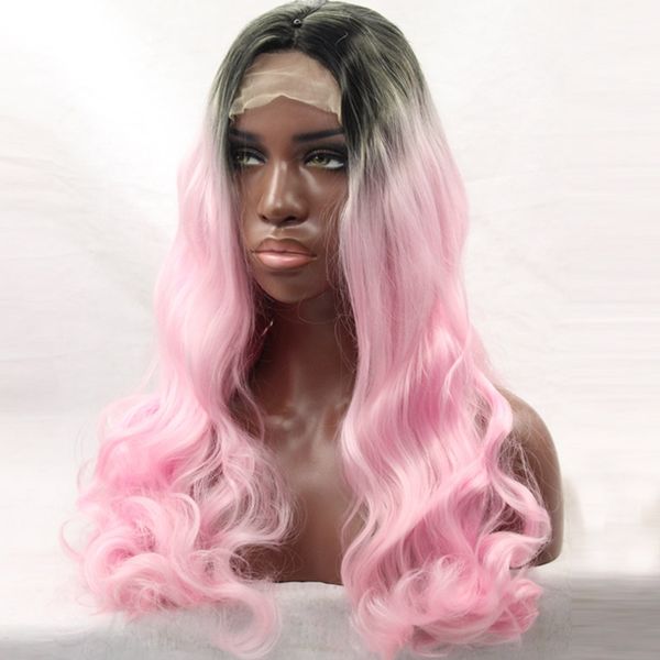 Cheap Body Wave Pink Ombre Synthetic Lace Front Wig Glueless Black
