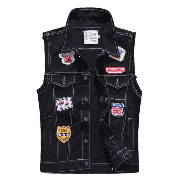 

moruancle fashion mens hi street sleeveless jean jackets with patches black denim vests for man jeans waistcoat plus size m-5xl, Black;white