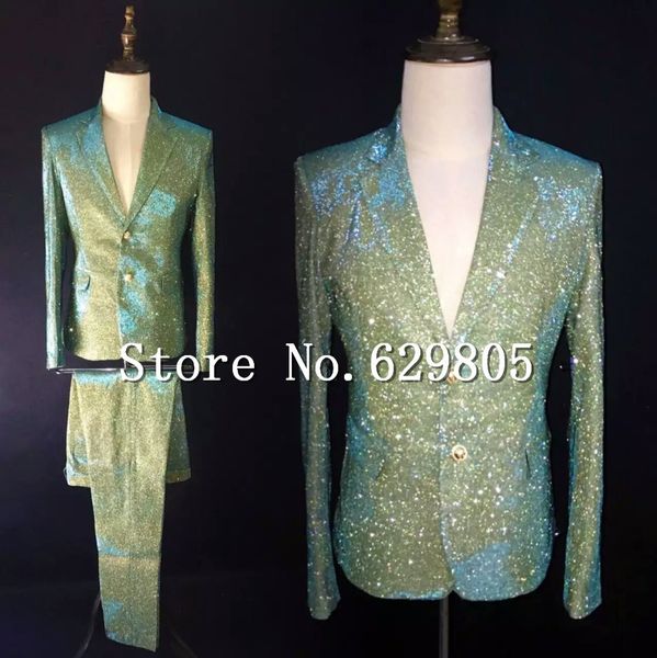 

slim shining gradient color suits set male singer nightclub focus green gradient skinny suit blazer trousers mens bar costume, White;black