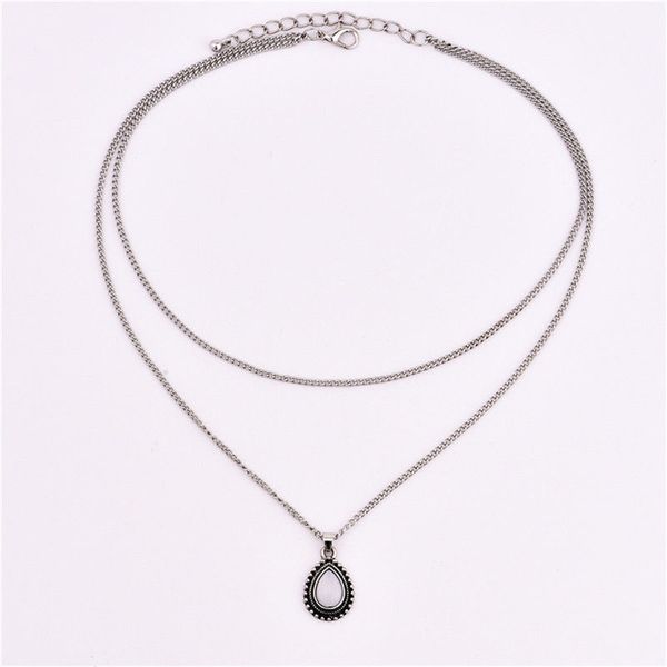 

2 layer fashion women boho silver chain dripping stones pendant choker necklace engagement jewelry