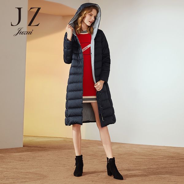 

women's fashion white duck down hooded down jacket over the knee juzui, Black