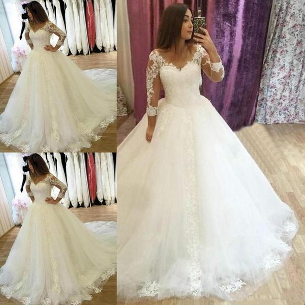 Vendita calda scollo a V una linea manica lunga abiti da sposa appliques corte trai pizzo indietro abiti da sposa principessa plus size abiti da sposa sposa