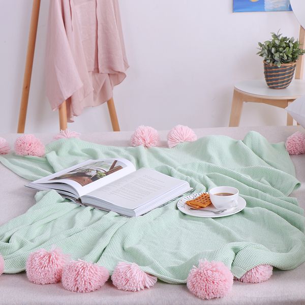 

130x160cm kids baby knitted blanket ins soft cotton solid crochet balls tassel throw blankets on sofa/bed/plane travel rug
