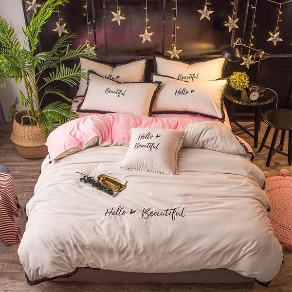 Ivarose Home Textile Winter Fleece Warm Bed Linens White Black Pink Bedding Sets Queen King Size Duvet Cover Sheet Set Cool